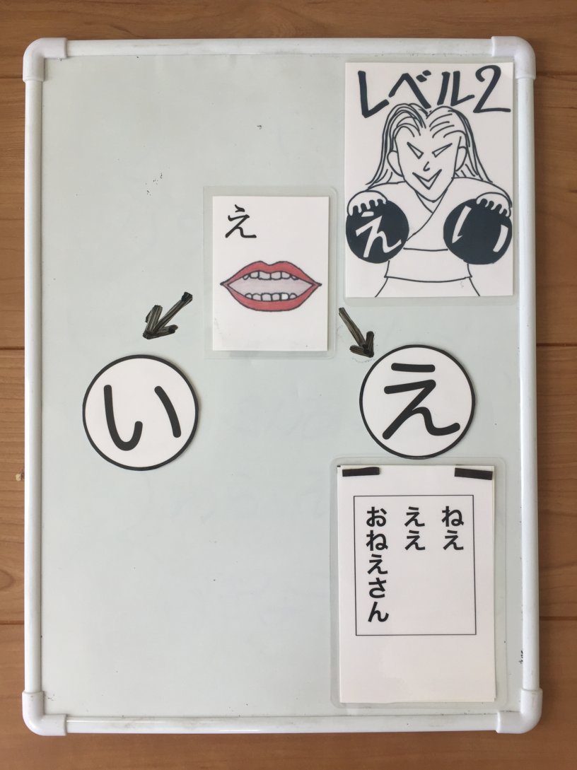 レベル2のボード。えい姫と、え の口の形カード。「ねえ・ええ・おねえさん」のカードつき
