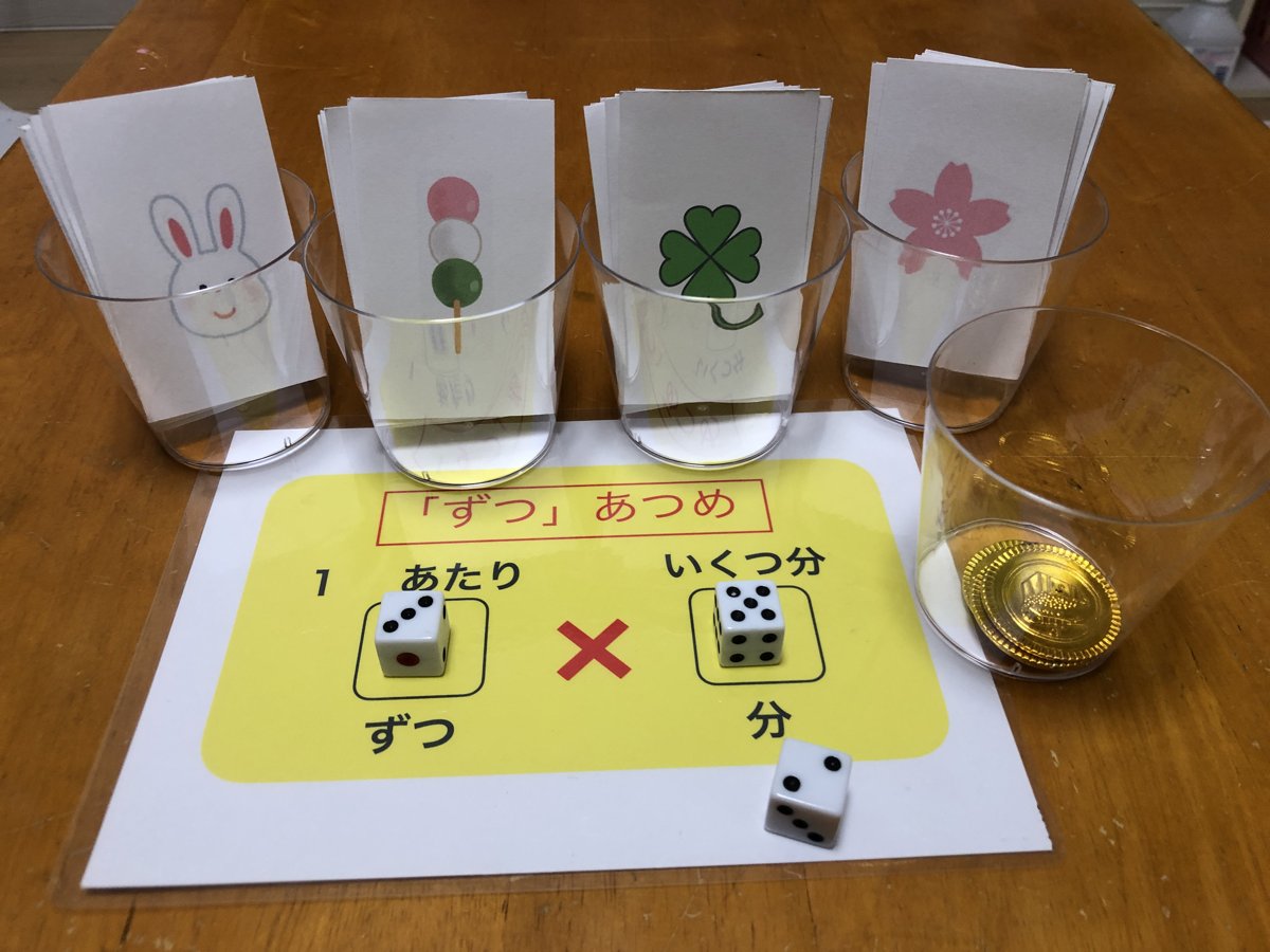 ずつカードを種類ごとにカップに入れて、ずつころりの台紙とサイコロをならべたところ